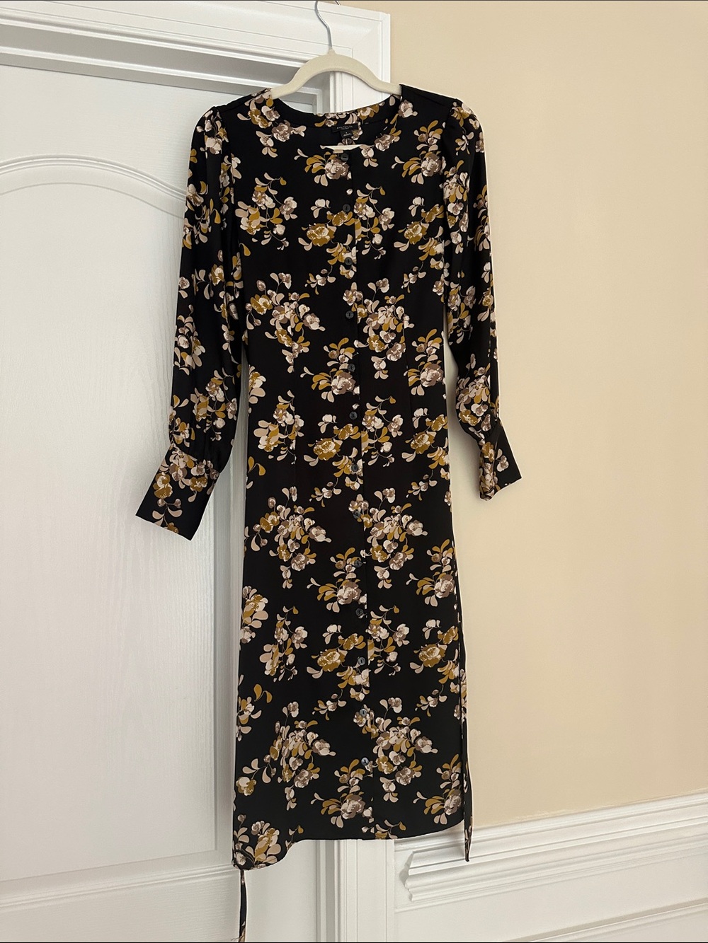 Ann Taylor Black Floral Long-Sleeve Midi Dress with Cream and Mustard Blooms